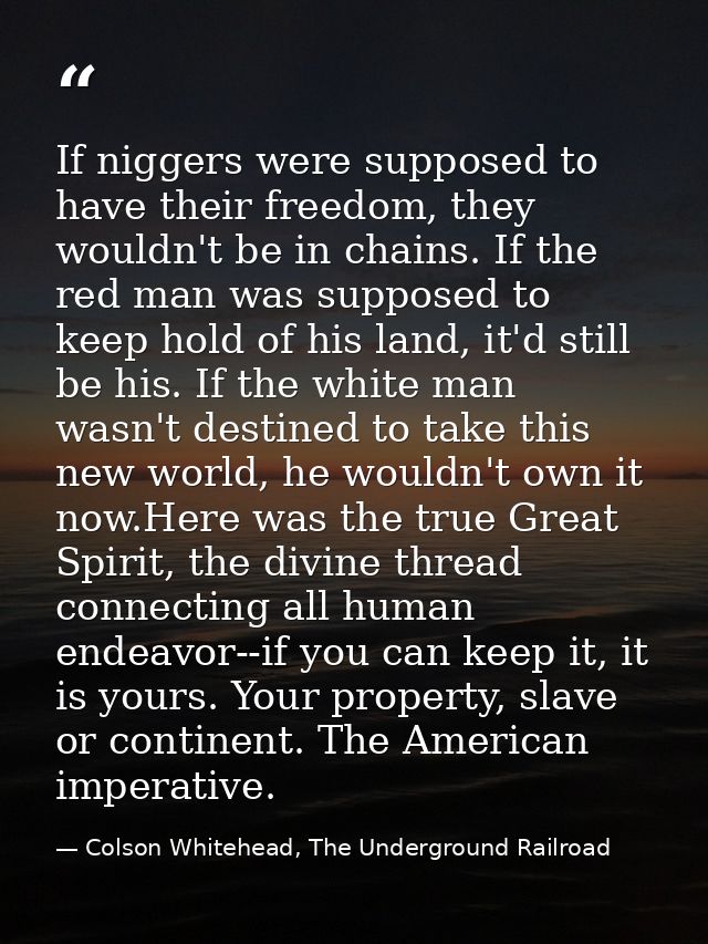 If niggers were supposed to have their freedom, they wouldn't be in chains. If the red man was supposed to keep hold of  — Colson Whitehead, The Underground Railroad