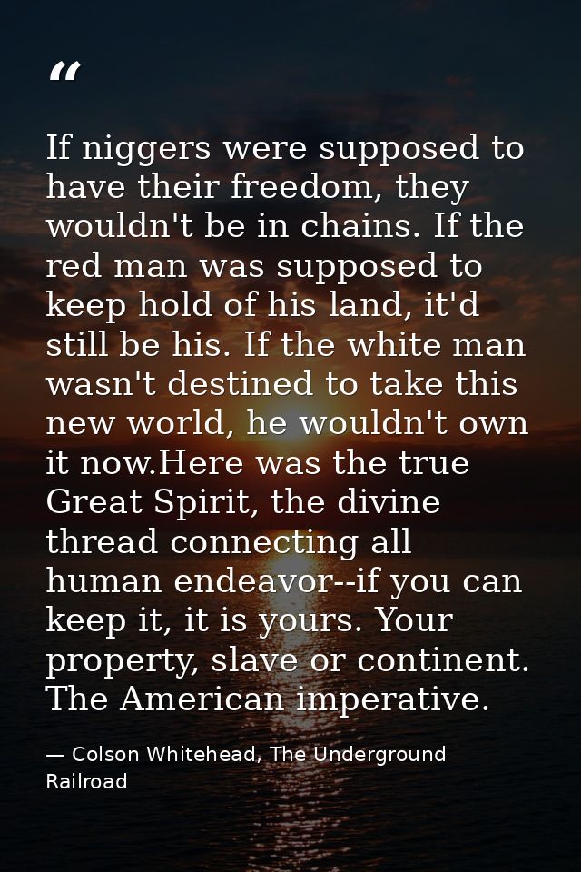 If niggers were supposed to have their freedom, they wouldn't be in chains. If the red man was supposed to keep hold of  — Colson Whitehead, The Underground Railroad