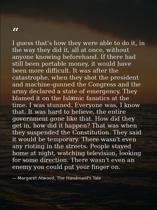 I guess that's how they were able to do it, in the way they did it, all at once, without anyone knowing beforehand. If t — Margaret Atwood, The Handmaid's Tale