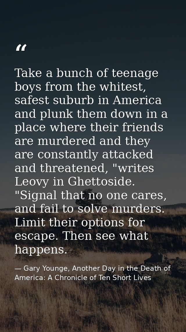 Take a bunch of teenage boys from the whitest, safest suburb in America and plunk them down in a place where their frien — Gary Younge, Another Day in the Death of America: A Chronicle of Ten Short Lives