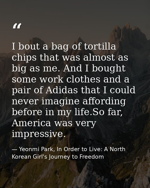 I bout a bag of tortilla chips that was almost as big as me. And I bought some work clothes and a pair of Adidas that I  — Yeonmi Park, In Order to Live: A North Korean Girl's Journey to Freedom
