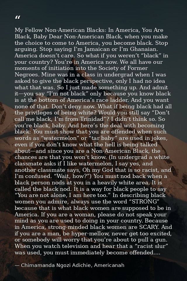 My Fellow Non-American Blacks: In America, You Are Black, Baby Dear Non-American Black, when you make the choice to come — Chimamanda Ngozi Adichie, Americanah