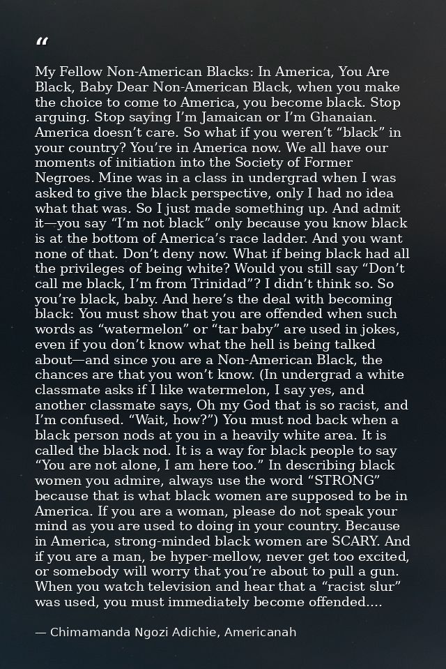My Fellow Non-American Blacks: In America, You Are Black, Baby Dear Non-American Black, when you make the choice to come — Chimamanda Ngozi Adichie, Americanah