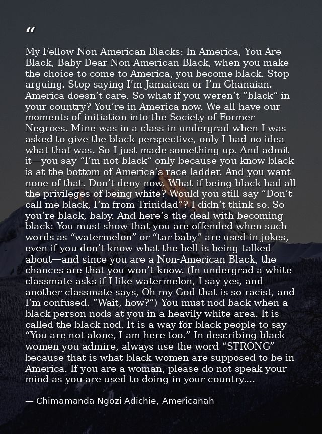 My Fellow Non-American Blacks: In America, You Are Black, Baby Dear Non-American Black, when you make the choice to come — Chimamanda Ngozi Adichie, Americanah