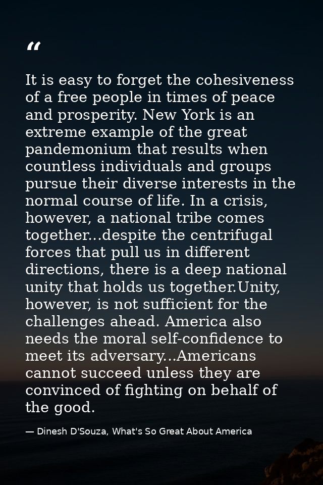 It is easy to forget the cohesiveness of a free people in times of peace and prosperity. New York is an extreme example  — Dinesh D'Souza, What's So Great About America