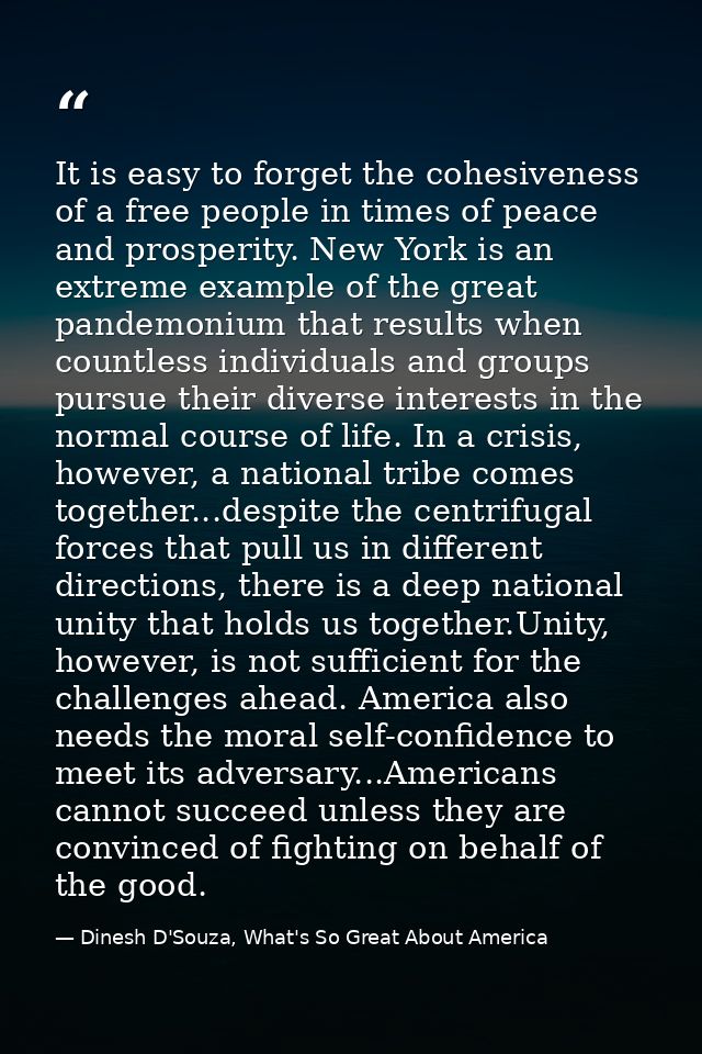 It is easy to forget the cohesiveness of a free people in times of peace and prosperity. New York is an extreme example  — Dinesh D'Souza, What's So Great About America