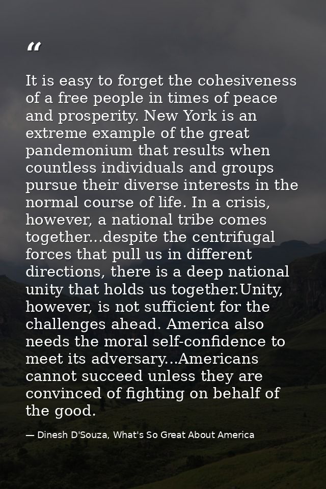 It is easy to forget the cohesiveness of a free people in times of peace and prosperity. New York is an extreme example  — Dinesh D'Souza, What's So Great About America