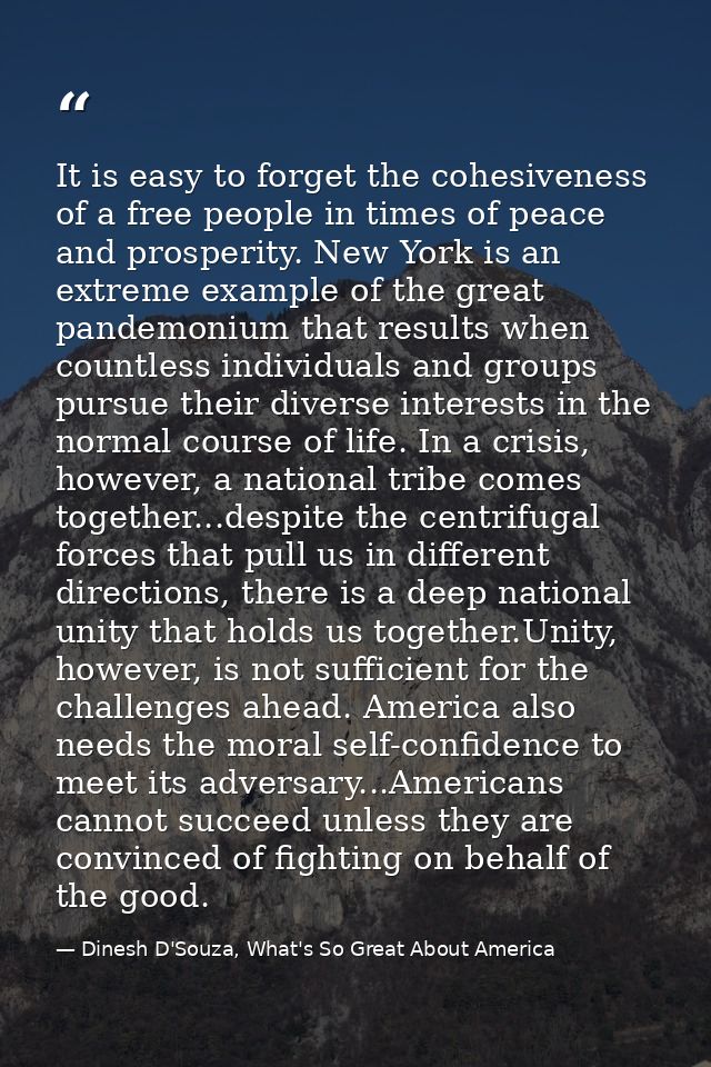 It is easy to forget the cohesiveness of a free people in times of peace and prosperity. New York is an extreme example  — Dinesh D'Souza, What's So Great About America