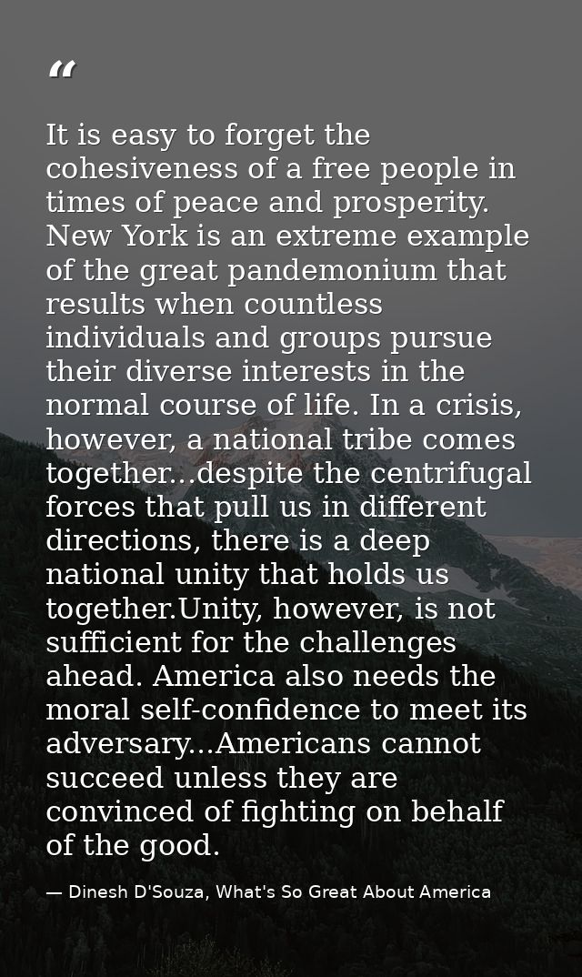 It is easy to forget the cohesiveness of a free people in times of peace and prosperity. New York is an extreme example  — Dinesh D'Souza, What's So Great About America