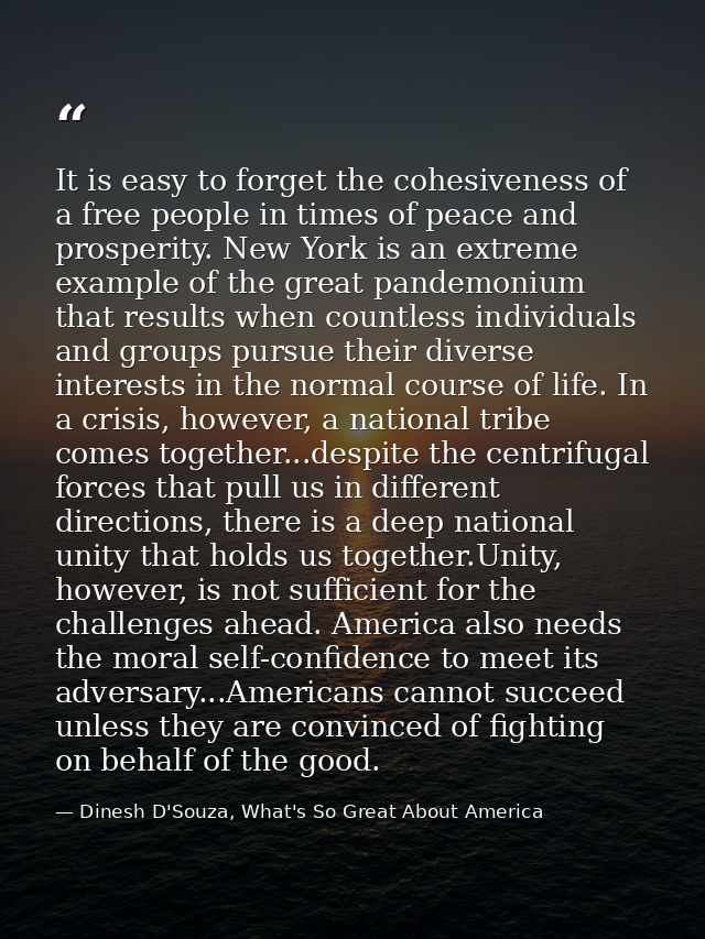 It is easy to forget the cohesiveness of a free people in times of peace and prosperity. New York is an extreme example  — Dinesh D'Souza, What's So Great About America