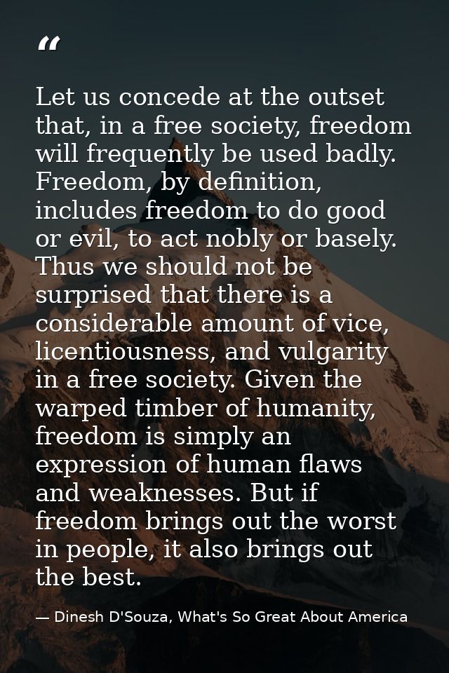 Let us concede at the outset that, in a free society, freedom will frequently be used badly. Freedom, by definition, inc — Dinesh D'Souza, What's So Great About America