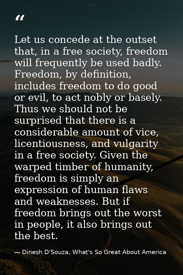 Let us concede at the outset that, in a free society, freedom will frequently be used badly. Freedom, by definition, inc — Dinesh D'Souza, What's So Great About America