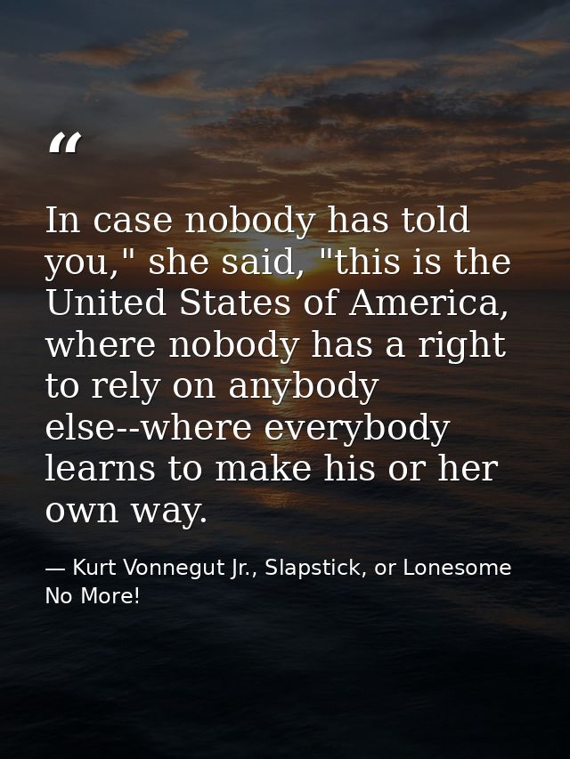 In case nobody has told you," she said, "this is the United States of America, where nobody has a right to rely on anybo — Kurt Vonnegut Jr., Slapstick, or Lonesome No More!