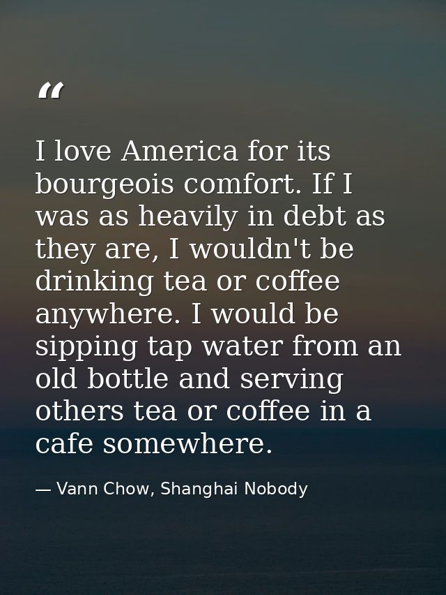 I love America for its bourgeois comfort. If I was as heavily in debt as they are, I wouldn't be drinking tea or coffee  — Vann Chow, Shanghai Nobody