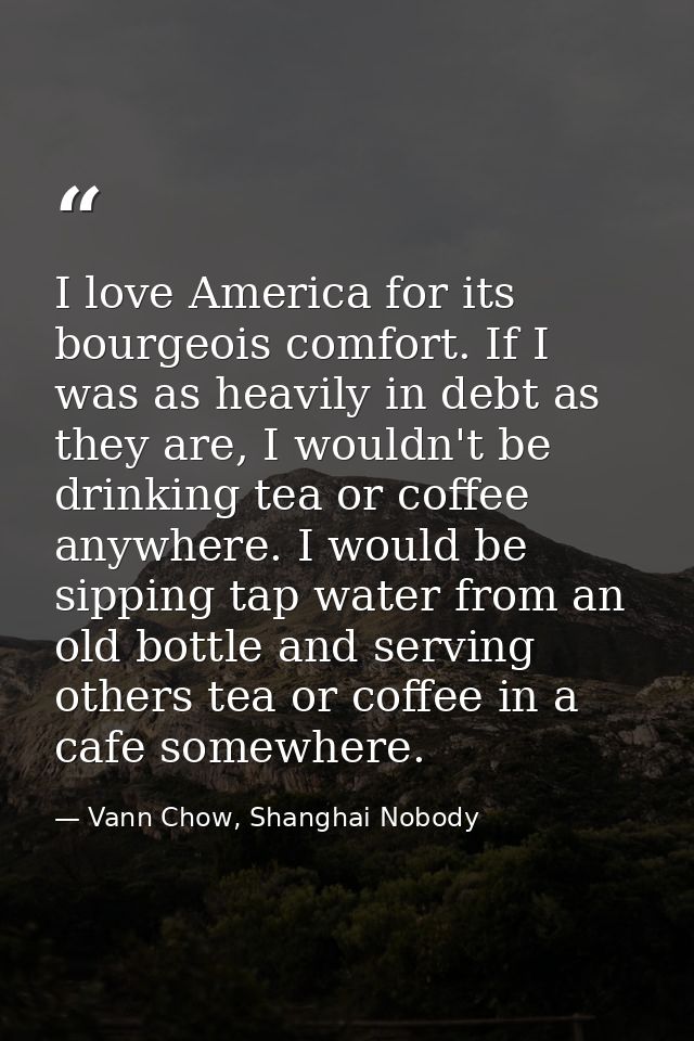 I love America for its bourgeois comfort. If I was as heavily in debt as they are, I wouldn't be drinking tea or coffee  — Vann Chow, Shanghai Nobody
