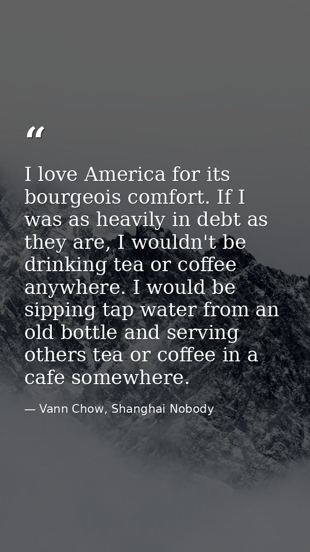 I love America for its bourgeois comfort. If I was as heavily in debt as they are, I wouldn't be drinking tea or coffee  — Vann Chow, Shanghai Nobody