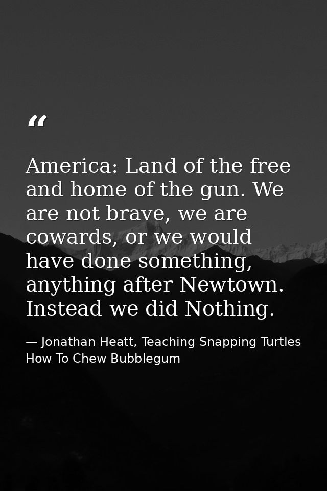 America: Land of the free and home of the gun. We are not brave, we are cowards, or we would have done something, anythi — Jonathan Heatt, Teaching Snapping Turtles How To Chew Bubblegum