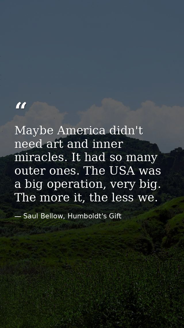 Maybe America didn't need art and inner miracles. It had so many outer ones. The USA was a big operation, very big. The  — Saul Bellow, Humboldt's Gift