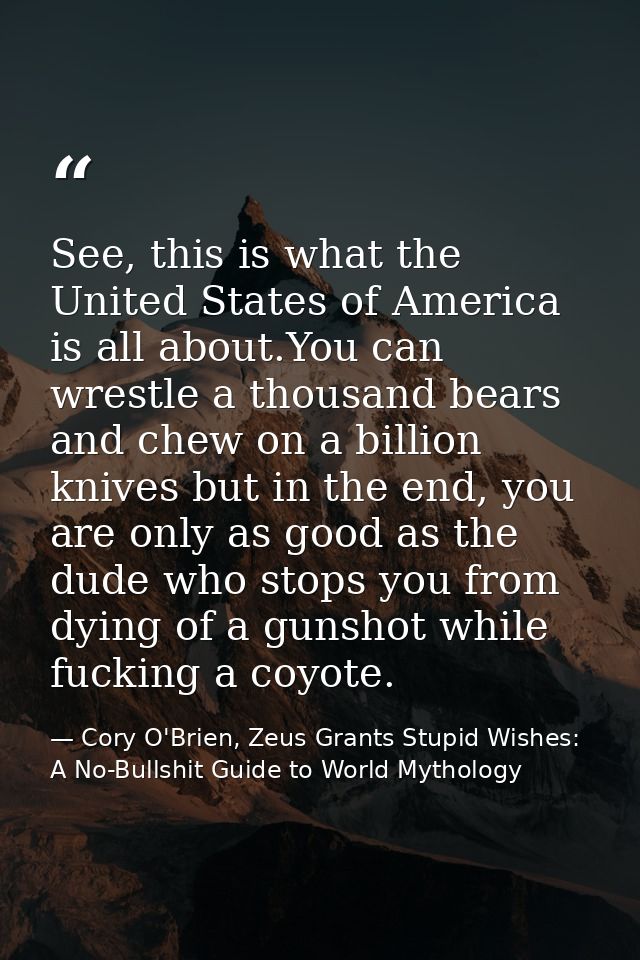 See, this is what the United States of America is all about.You can wrestle a thousand bears and chew on a billion knive — Cory O'Brien, Zeus Grants Stupid Wishes: A No-Bullshit Guide to World Mythology