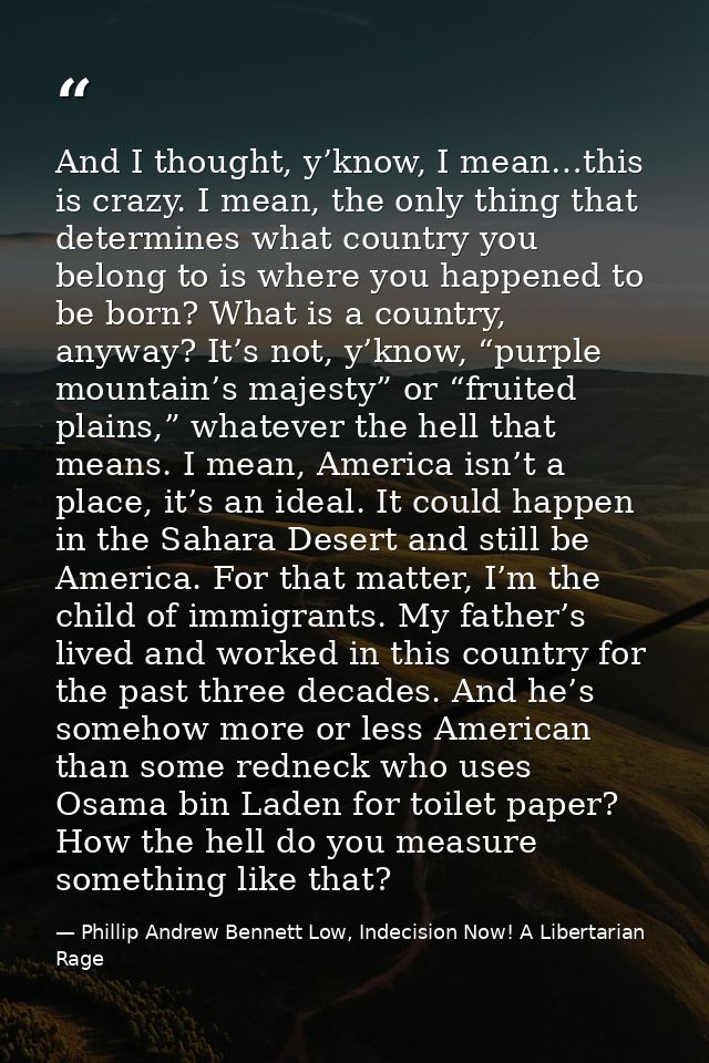 And I thought, y’know, I mean…this is crazy. I mean, the only thing that determines what country you belong to is where  — Phillip Andrew Bennett Low, Indecision Now! A Libertarian Rage