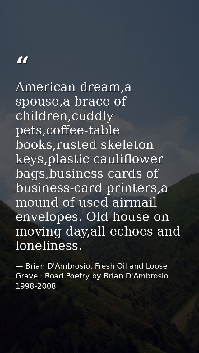 American dream,a spouse,a brace of children,cuddly pets,coffee-table books,rusted skeleton keys,plastic cauliflower bags — Brian D'Ambrosio, Fresh Oil and Loose Gravel: Road Poetry by Brian D'Ambrosio 1998-2008