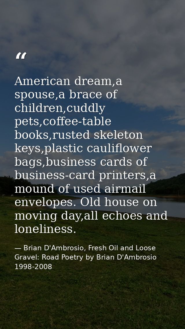 American dream,a spouse,a brace of children,cuddly pets,coffee-table books,rusted skeleton keys,plastic cauliflower bags — Brian D'Ambrosio, Fresh Oil and Loose Gravel: Road Poetry by Brian D'Ambrosio 1998-2008