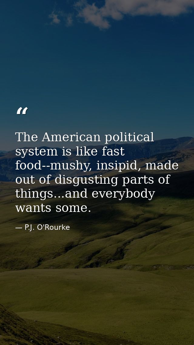 The American political system is like fast food--mushy, insipid, made out of disgusting parts of things...and everybody  — P.J. O'Rourke