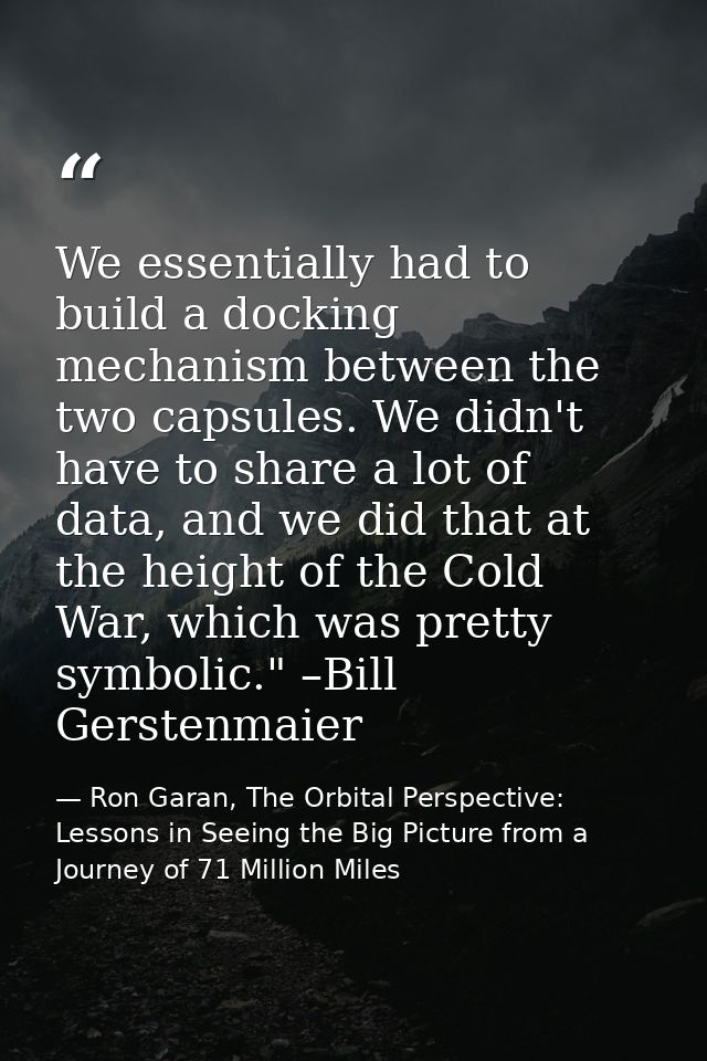 We essentially had to build a docking mechanism between the two capsules. We didn't have to share a lot of data, and we  — Ron Garan, The Orbital Perspective: Lessons in Seeing the Big Picture from a Journey of 71 Million Miles