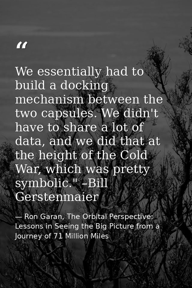 We essentially had to build a docking mechanism between the two capsules. We didn't have to share a lot of data, and we  — Ron Garan, The Orbital Perspective: Lessons in Seeing the Big Picture from a Journey of 71 Million Miles