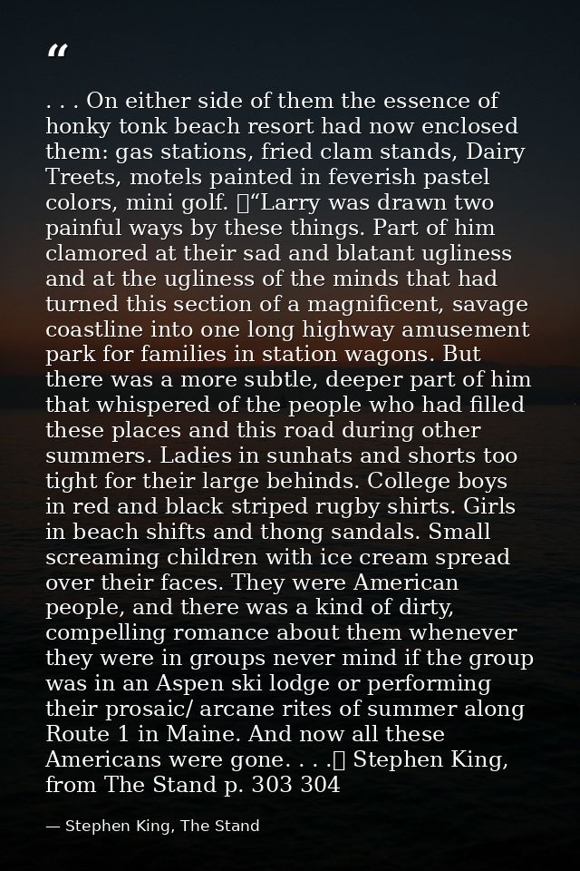 . . . On either side of them the essence of honky tonk beach resort had now enclosed them: gas stations, fried clam stan — Stephen King, The Stand