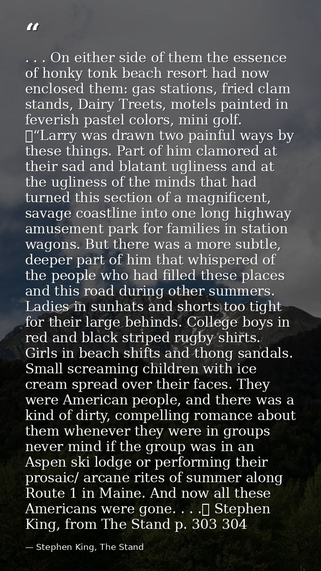 . . . On either side of them the essence of honky tonk beach resort had now enclosed them: gas stations, fried clam stan — Stephen King, The Stand