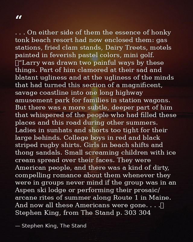 . . . On either side of them the essence of honky tonk beach resort had now enclosed them: gas stations, fried clam stan — Stephen King, The Stand