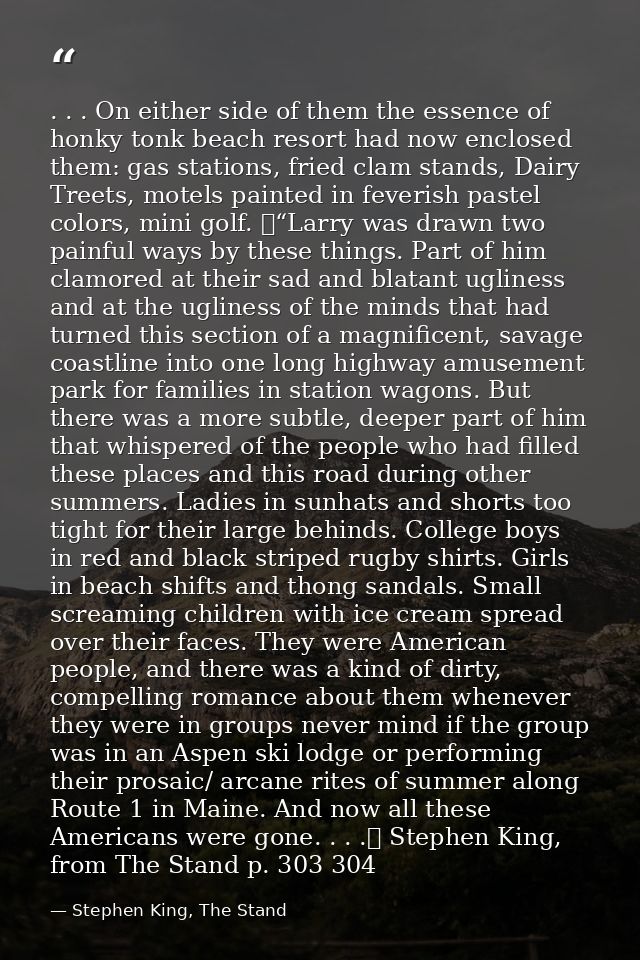. . . On either side of them the essence of honky tonk beach resort had now enclosed them: gas stations, fried clam stan — Stephen King, The Stand