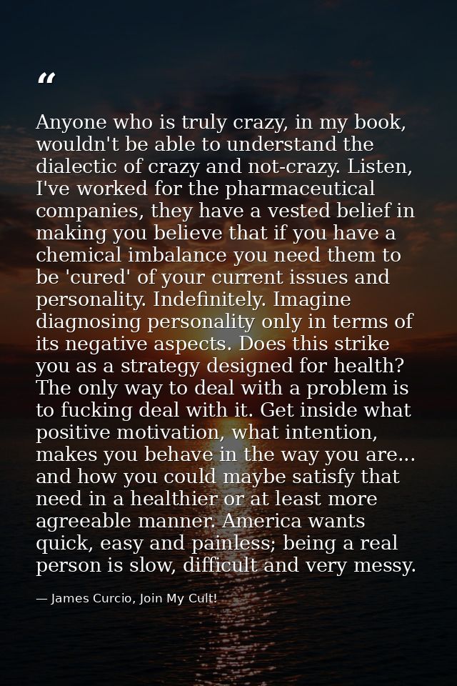 Anyone who is truly crazy, in my book, wouldn't be able to understand the dialectic of crazy and not-crazy. Listen, I've — James Curcio, Join My Cult!