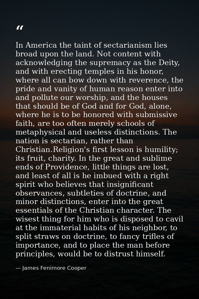 In America the taint of sectarianism lies broad upon the land. Not content with acknowledging the supremacy as the Deity — James Fenimore Cooper