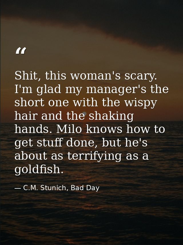 Shit, this woman's scary. I'm glad my manager's the short one with the wispy hair and the shaking hands. Milo knows how  — C.M. Stunich, Bad Day