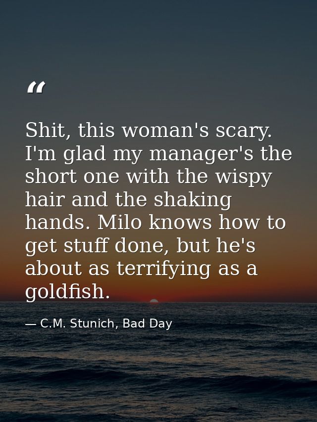 Shit, this woman's scary. I'm glad my manager's the short one with the wispy hair and the shaking hands. Milo knows how  — C.M. Stunich, Bad Day
