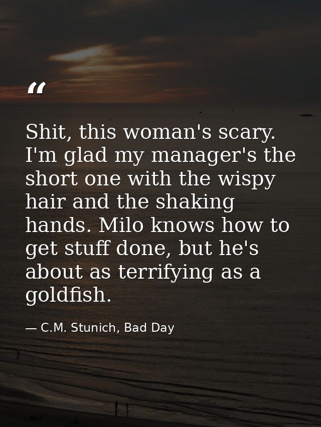 Shit, this woman's scary. I'm glad my manager's the short one with the wispy hair and the shaking hands. Milo knows how  — C.M. Stunich, Bad Day