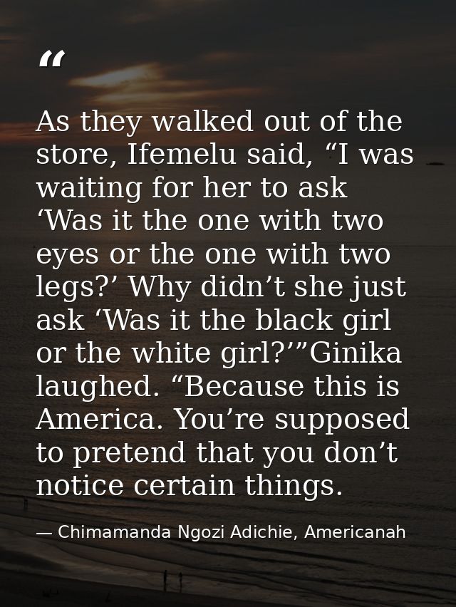As they walked out of the store, Ifemelu said, “I was waiting for her to ask ‘Was it the one with two eyes or the one wi — Chimamanda Ngozi Adichie, Americanah