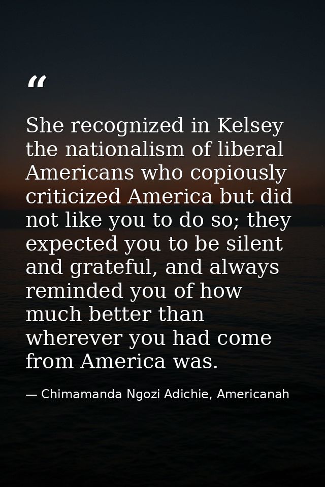 She recognized in Kelsey the nationalism of liberal Americans who copiously criticized America but did not like you to d — Chimamanda Ngozi Adichie, Americanah