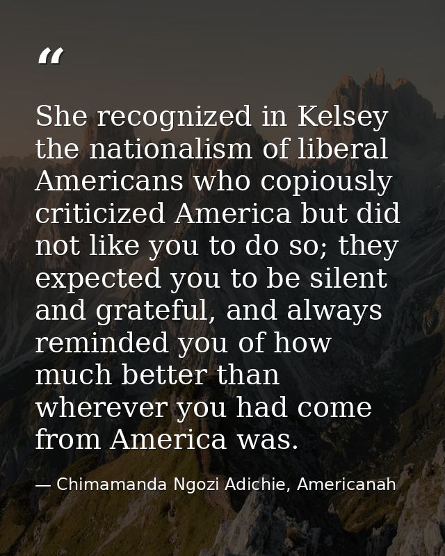 She recognized in Kelsey the nationalism of liberal Americans who copiously criticized America but did not like you to d — Chimamanda Ngozi Adichie, Americanah
