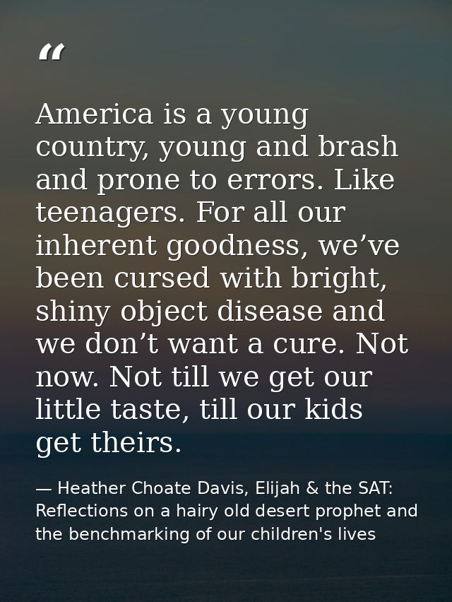 America is a young country, young and brash and prone to errors. Like teenagers. For all our inherent goodness, we’ve be — Heather Choate Davis, Elijah & the SAT: Reflections on a hairy old desert prophet and the benchmarking of our children's lives