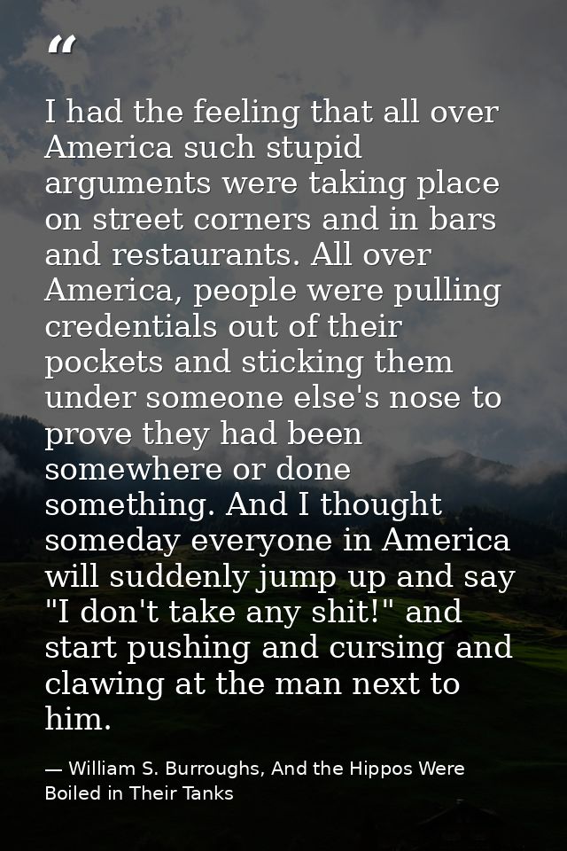 I had the feeling that all over America such stupid arguments were taking place on street corners and in bars and restau — William S. Burroughs, And the Hippos Were Boiled in Their Tanks