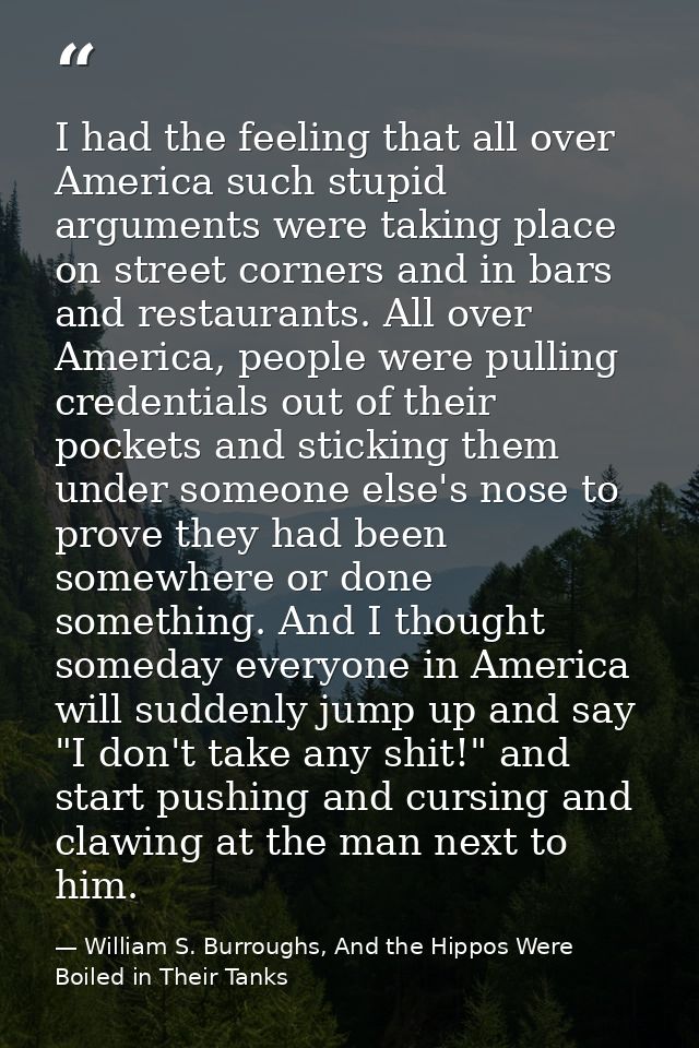 I had the feeling that all over America such stupid arguments were taking place on street corners and in bars and restau — William S. Burroughs, And the Hippos Were Boiled in Their Tanks