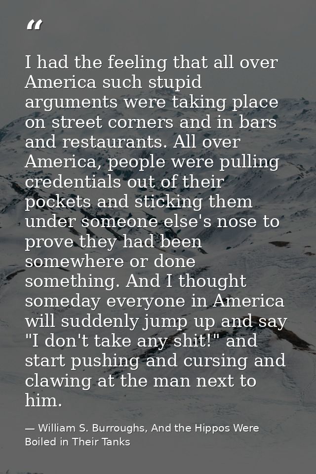 I had the feeling that all over America such stupid arguments were taking place on street corners and in bars and restau — William S. Burroughs, And the Hippos Were Boiled in Their Tanks