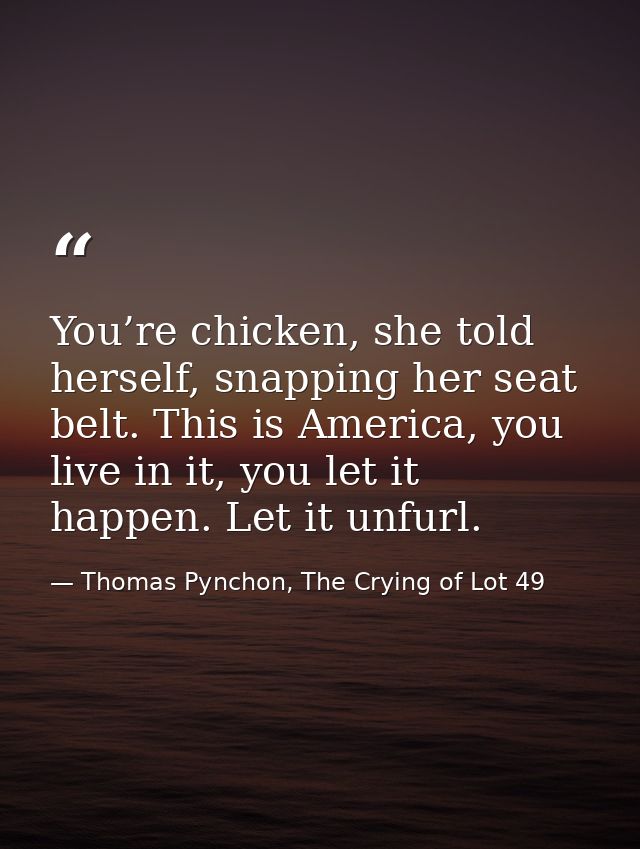 You’re chicken, she told herself, snapping her seat belt. This is America, you live in it, you let it happen. Let it unf — Thomas Pynchon, The Crying of Lot 49