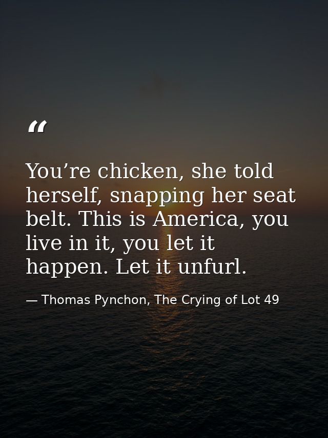 You’re chicken, she told herself, snapping her seat belt. This is America, you live in it, you let it happen. Let it unf — Thomas Pynchon, The Crying of Lot 49