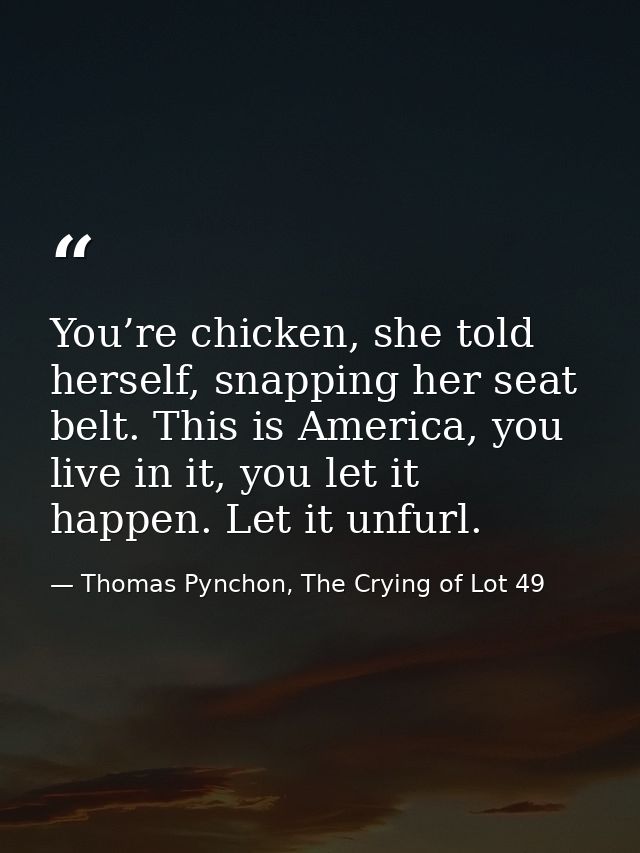You’re chicken, she told herself, snapping her seat belt. This is America, you live in it, you let it happen. Let it unf — Thomas Pynchon, The Crying of Lot 49