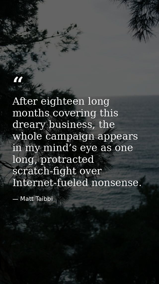 After eighteen long months covering this dreary business, the whole campaign appears in my mind’s eye as one long, protr — Matt Taibbi