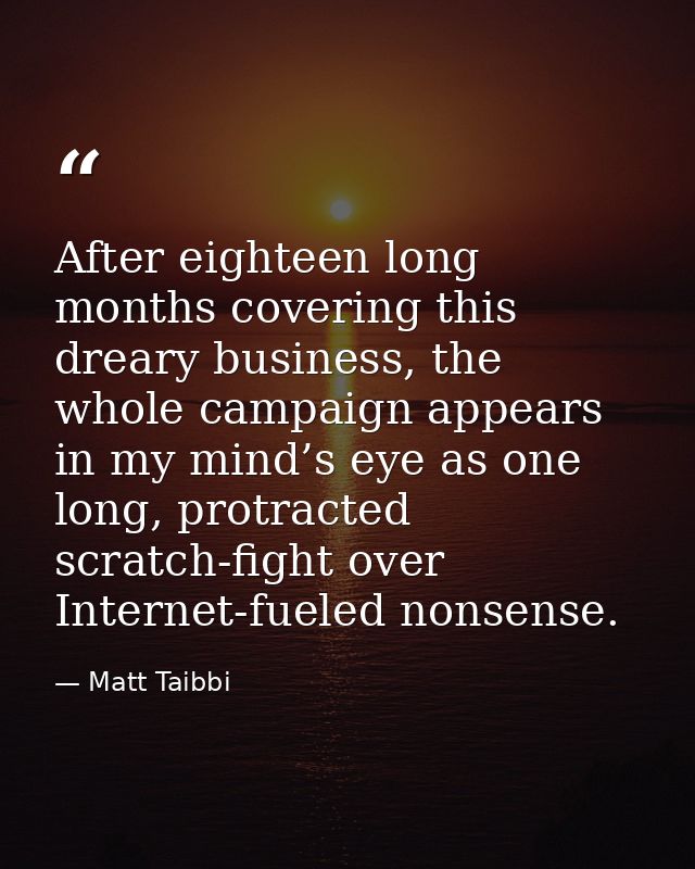 After eighteen long months covering this dreary business, the whole campaign appears in my mind’s eye as one long, protr — Matt Taibbi